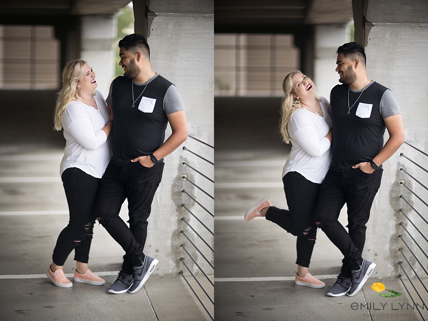 Rainy-day-engagement-photos-in-parking-garage-Lawrence, KS- Engagement-Photographer-Emily-Lynn-Photography